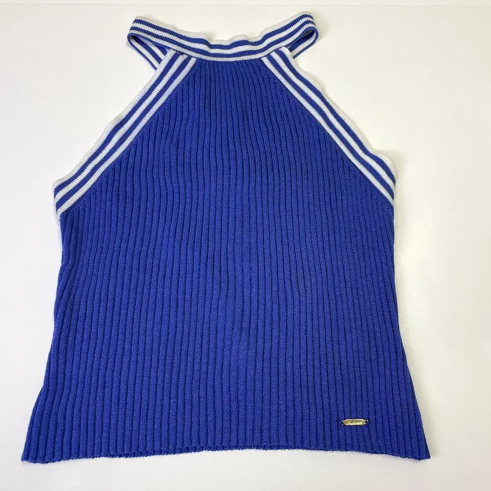 St John Sport by Marie Gray Blue Ribbed Knit Halter Tank Top S Striped - Picture 8 of 16